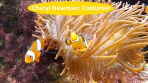 Clown fish emerging from an Anemone overlaid with text "Cheryl Newman: Costumer".