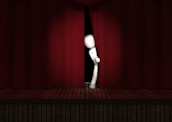 Stylized person peeking out from behind a stage curtain
